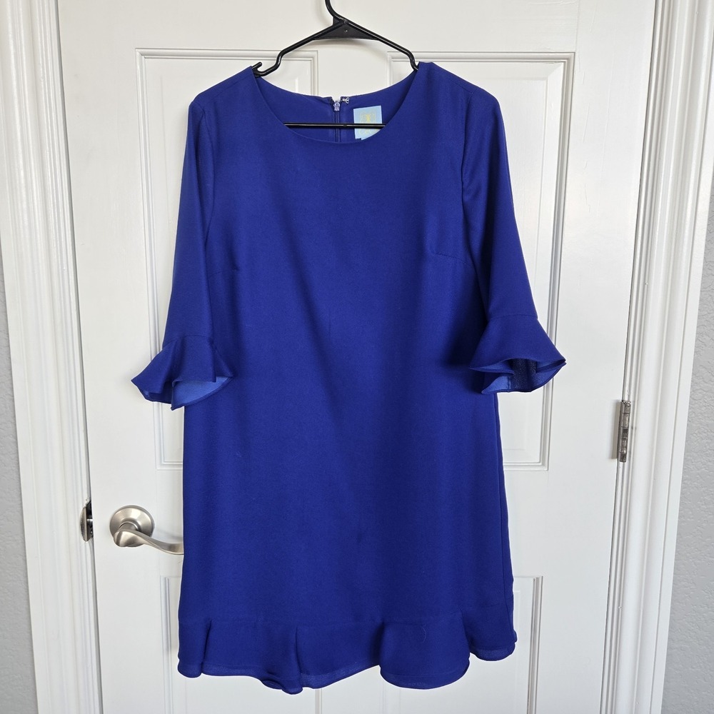 CeCe Royal Blue‎ Half Sleeve Ruffle Chiffon Above Knee Shift Dress Size 6
